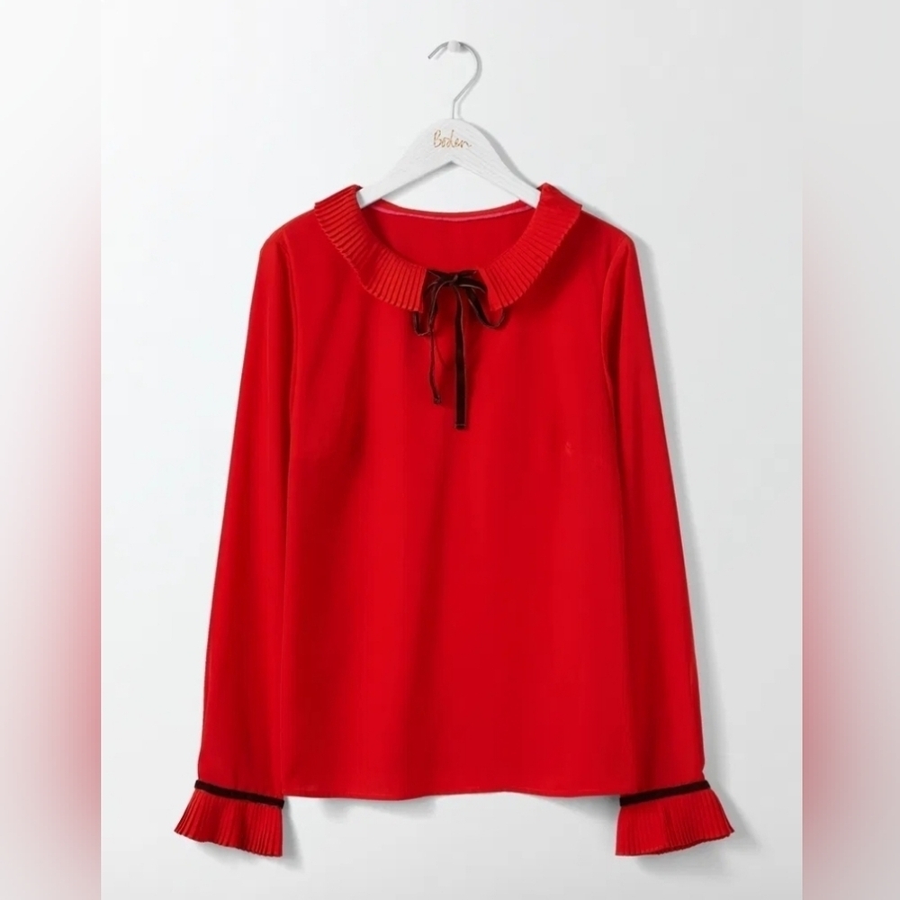 Boden Red Frieda Pleated Peter Pan Collar Velvet Neck Tie Bow Blouse Size 12 - Picture 2 of 16